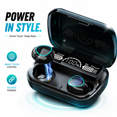M10 True Wireless Earbuds – Bluetooth 5.1 TWS with 2000mAh Power Bank Charging Case, LED Battery Display, IPX7 Waterproof & Hi-Fi 9D Bass